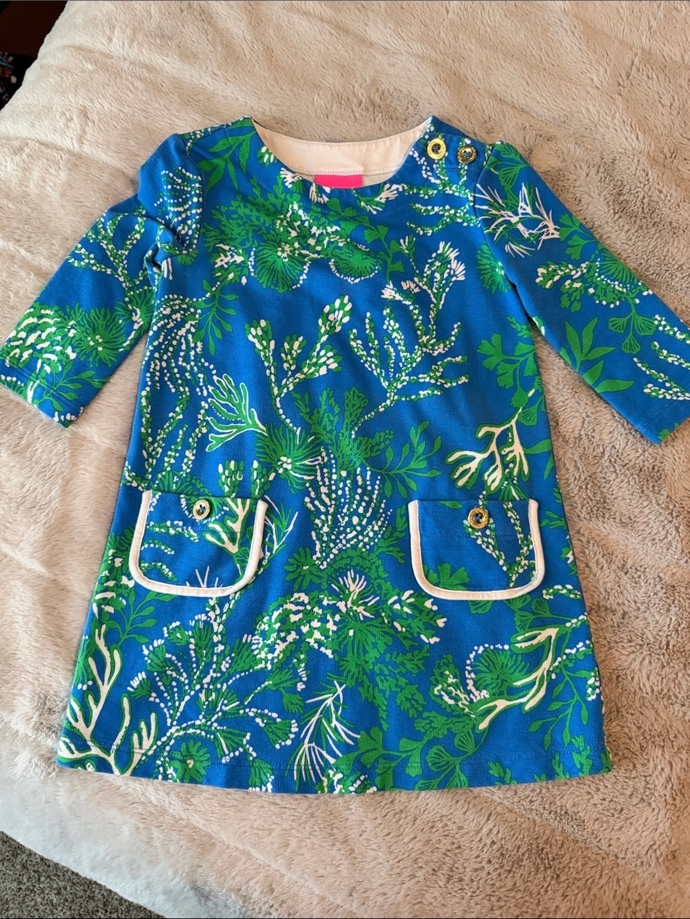 Lilly Pulitzer Girls Blue & Green Floral Pocket Dress, XS (2-3)
